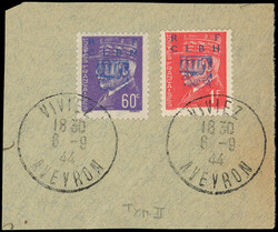 DECAZEVILLE N°2 et 4 60c violet et 1f rouge T II, obl. càd VIVIEZ ...