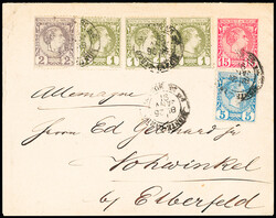 N°1 + 2 + 3 1c. olive (3), 2c. violet-gris et 5c. bleu obl. càd ...