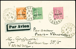 N°9 + 16 + 17 obl CAD "Andorra Andorre" (1931) sur carte par avion ...
