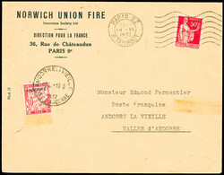 France n°283 obl mec Paris 22 (1937) sur lettre avec Andorre ...