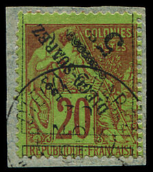 N°12a 5c sur 20c brique sur vert, surcharge RENVERSEE, obl. sur ...