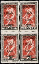 N°20 1,50pi. sur 30c. brun-rouge, BLOC de 4, 2 ex. G MAIGRE, neuf ** ...