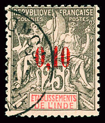 N°21 0,10 c. sur 25 c. noir sur rose (tirage 2100ex.), obl., TB. ...