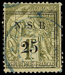 N°18 25c sur 1f olive, obl. cachet bleu, dc, TB