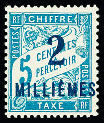 TAXE N°5a 2m. sur 5c. bleu, surcharge BLEUE, neuf *, TB