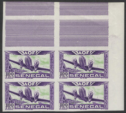 POSTE AERIENNE N°30d essai non dentelé violet et vert bloc de 4, ...