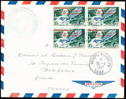 3 lettres : TAAF n°1 en bloc de 4 obl Kerguelen (30.6.1957) avec ...