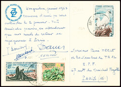 TAAF n°11 + 13A + 13C obl Kerguelen (1963) sur carte PEV avec dessin ...