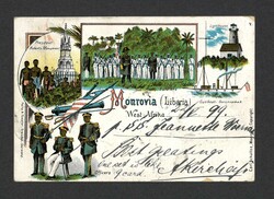 1899 (May 19), multicoloured pictorial registered postcard Monrovia ...