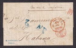 1854 (September 30), Paris to Havana, stampless folded letter via ...