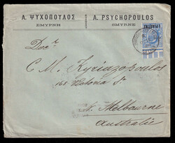 1908 (October 12), Smyrna to Melbourne, uprated postal stationery ...