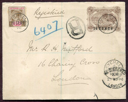 1896 (October 27), Seychelles to London, uprated registered cover, ...
