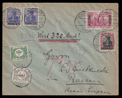 1920 (July 12), Neunkirchen (Saar) to Raeren (Eupen), postage due ...