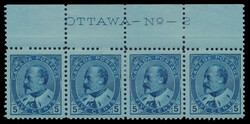 1903, King Edward VII, 5c blue on bluish paper, top margin plate ...
