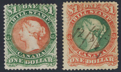 1865, Second Bill issue, both $1 values, one each of the green with ...
