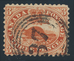 1859, 3d red Beaver, perforated 11¾, boldly-struck partial four-ring ...