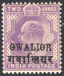 Gwalior, 1903-11, 2a mauve King Edward VII, "Tall R" variety, 14mm ...