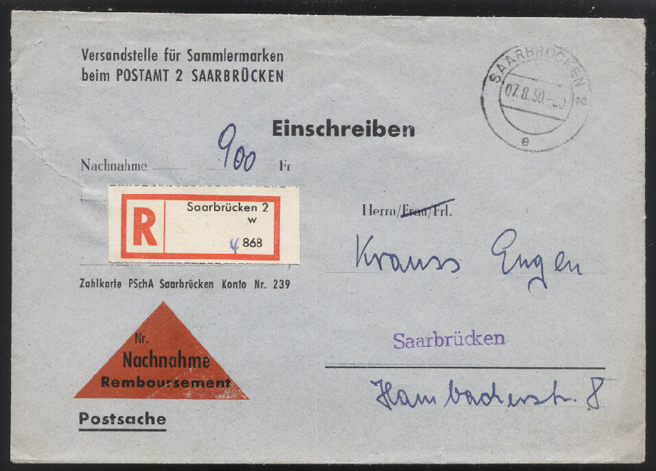 SAARBRÜCKEN 2 / 7.8.50, Vordruckumschlag der Versandstelle als ...