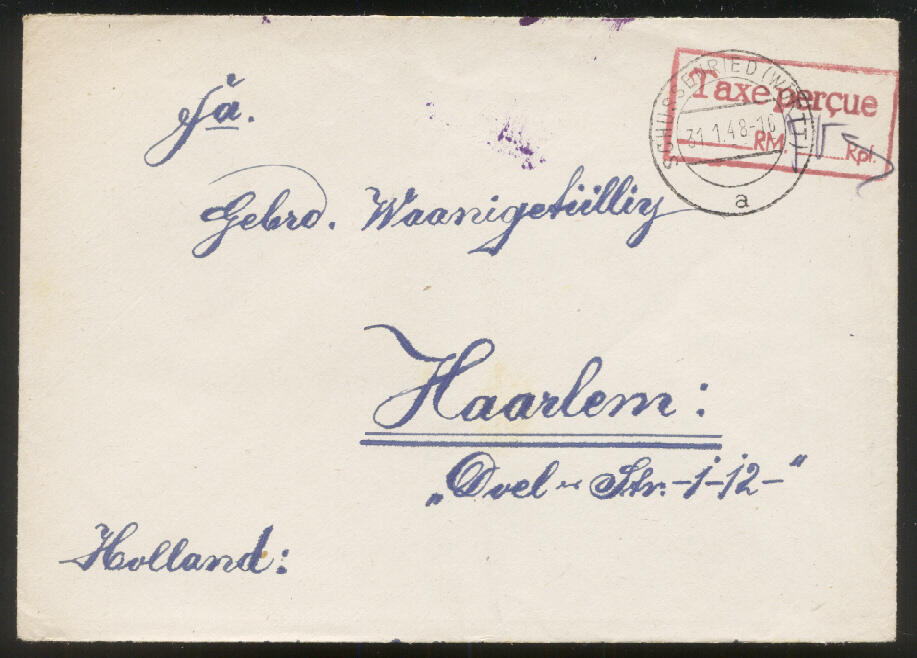 SCHUSSENRIED (WÜRTT) / 31.1.48, klarer roter R2 'Taxe percue / ...RM ...