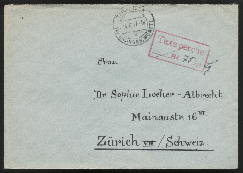 TAILFINGEN (Kr BALINGEN, WÜRTT) / 14.6.47, roter R2 'Taxe percue / . ...