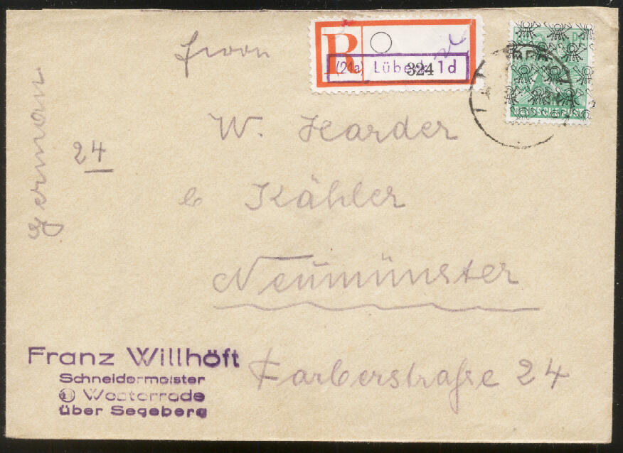 84 Pf. Netzaufdruck einzeln auf Ebf. mit prov. R-Zettel aus LÜBECK 1 ...