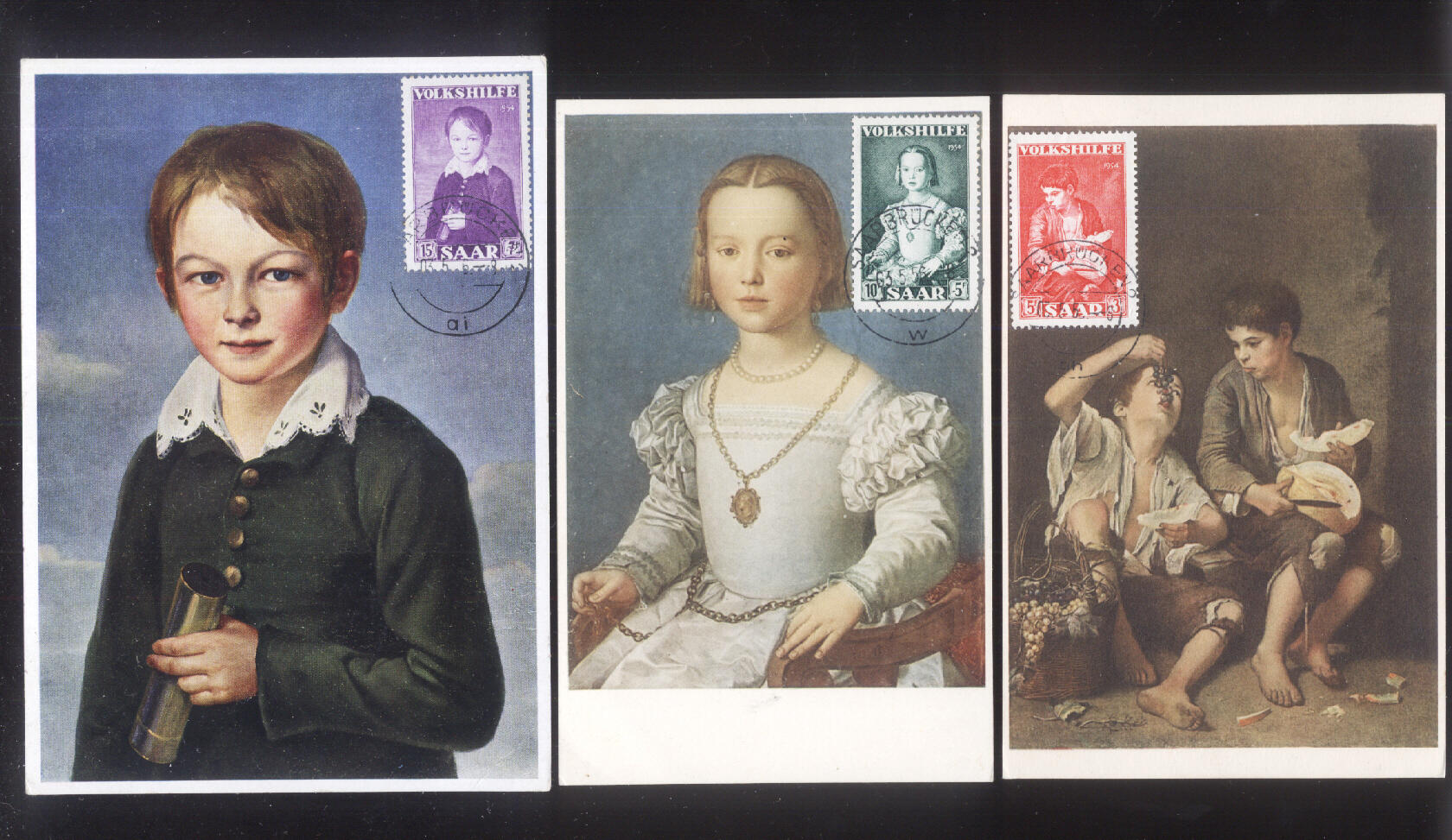 Volkshilfe 1954, 3 Werte auf farbigen Maximumkarten mit TSt. ...