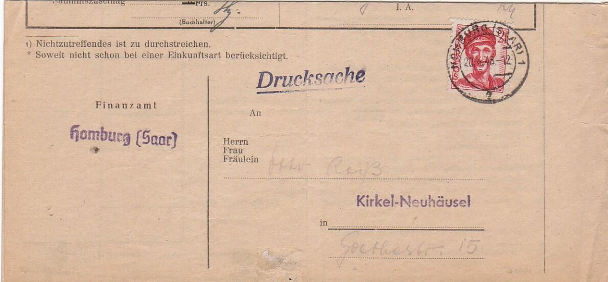 2 Fr. Arbeiter 1948 einzeln auf Drucksache HOMBURG (SAAR) 1 / 20.4.48 ...