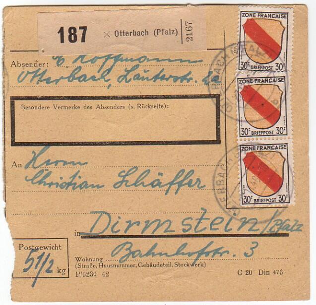 OTTERBACH (PFALZ) / 27.11.46, Paketkarte mit vs. 3 x 30 und rs. 2 x 5 ...