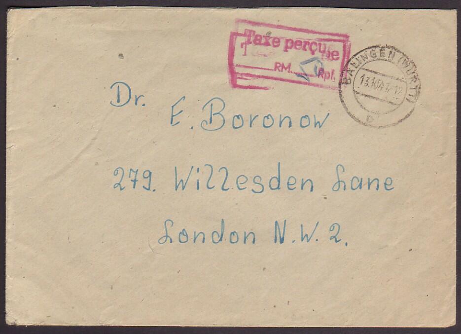 BALINGEN (WÜRTT) / 13.10.47, roter R2 'Taxe percue / ___RM___Rpf.' ...