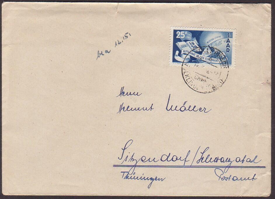 25 Fr. Europarat einzeln auf portor. Fernbrief mit K2 KÖLLERBACH / ...