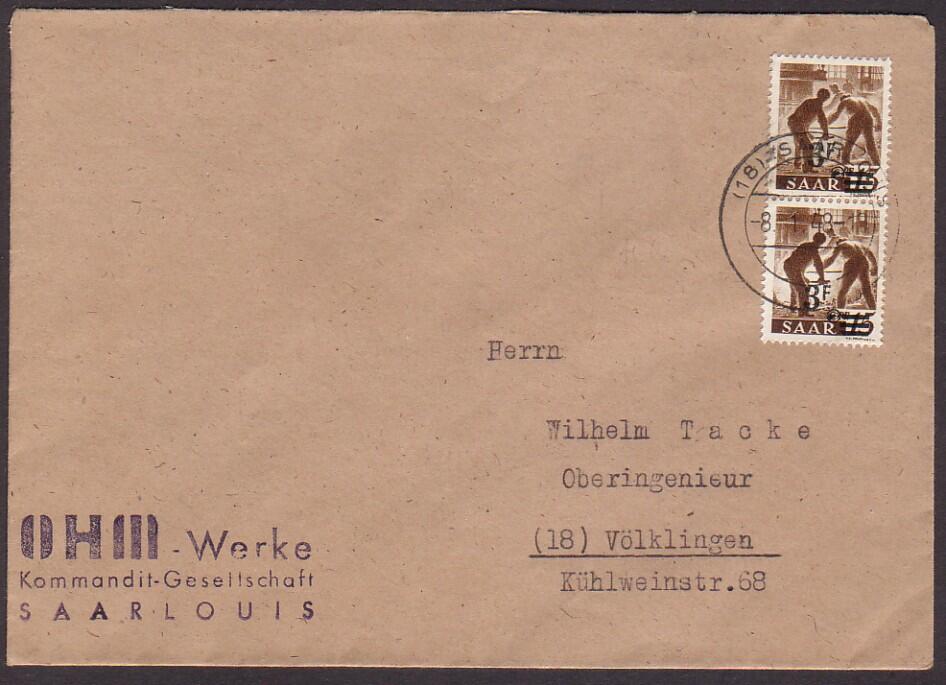 3 Fr. auf 15 Pf. Überdruck, senkr. Paar auf portor. Brief mit K2 ...