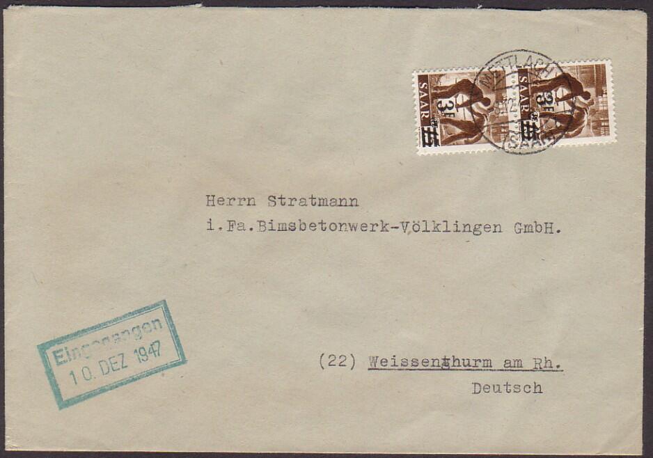 3 Fr. auf 15 Pf. Überdruck, waager. Paar auf portor. Brief METTLACH ...