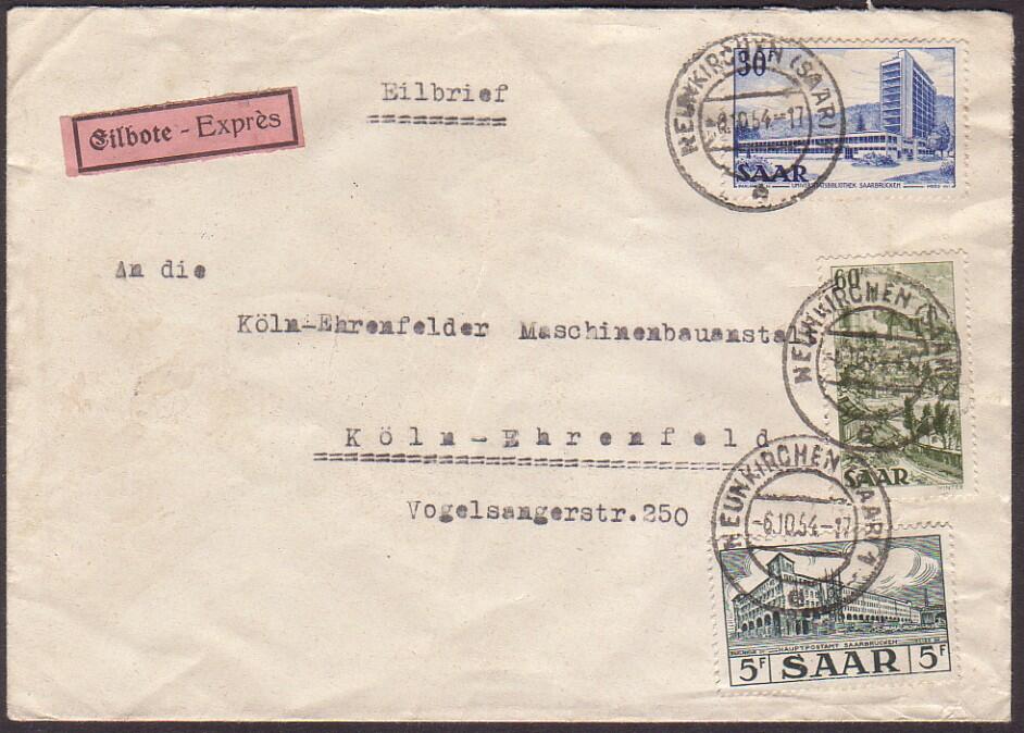NEUNKIRCHEN (SAAR) / 8.10.54, Eilbrief nach Köln mit 60 Fr. Saar IV ...