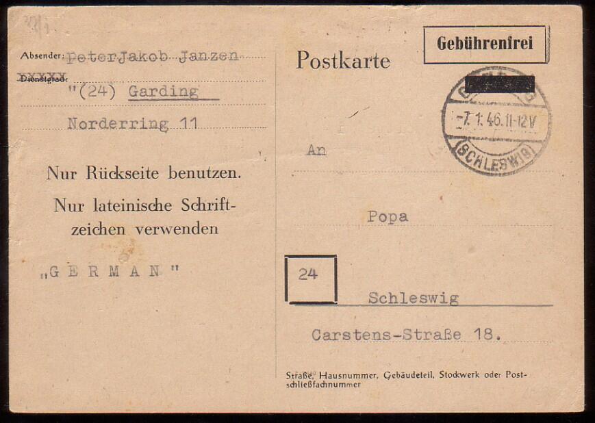 GARDING (SCHLESWIG) / 7.1.46, Feldpost-Formblatt überdruckt mit ...