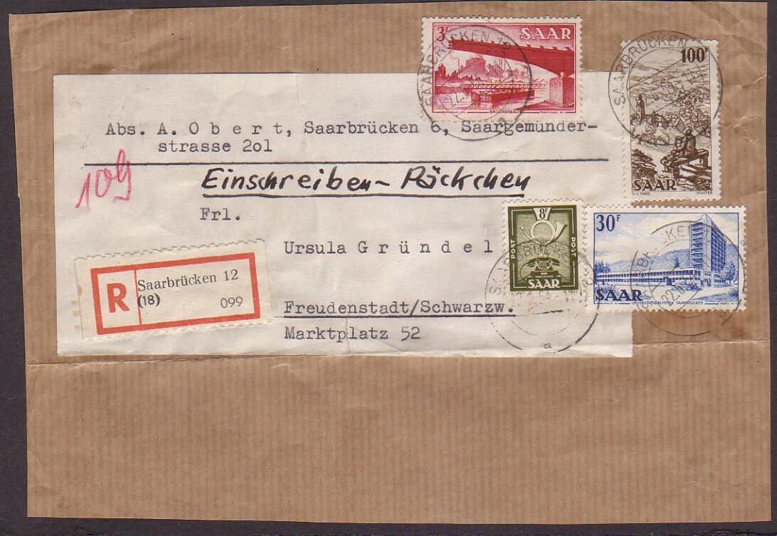 SAARBRÜCKEN 12 / 22.6.54, Adressteil (18 x 13 cm) eines Einschreib- ...