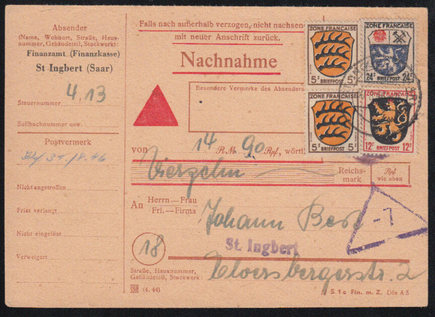 ST. INGBERT / 30.8.46, Drucksachenkarte per Nachnahme portorichtig ...