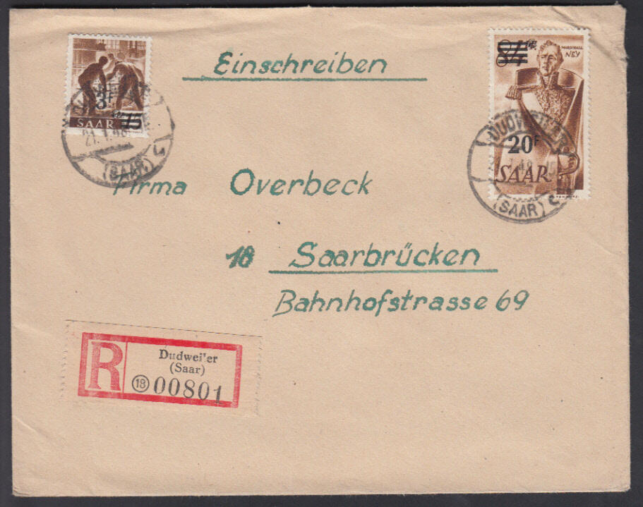 DUDWEILER (SAAR) / 21.1.48, Doppel-Ebf. portorichtig mit 3 und 20 Fr. ...