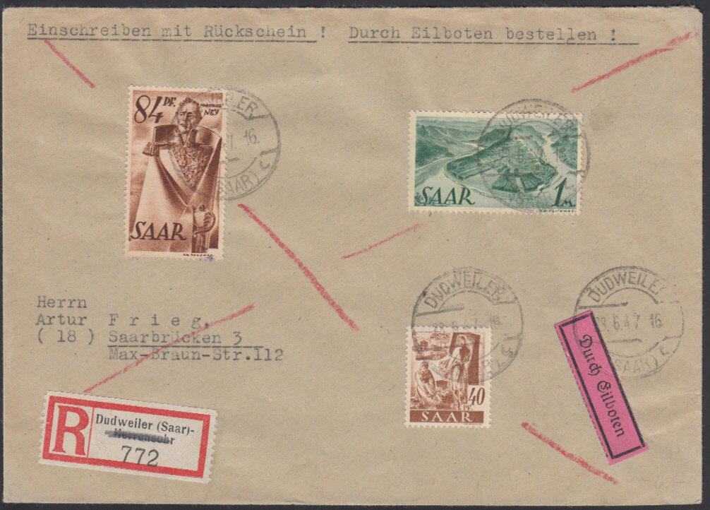DUDWEILER (SAAR) / 28.6.47, Eil-Ebf. gegen Rückschein (Tarif 2.24) ...