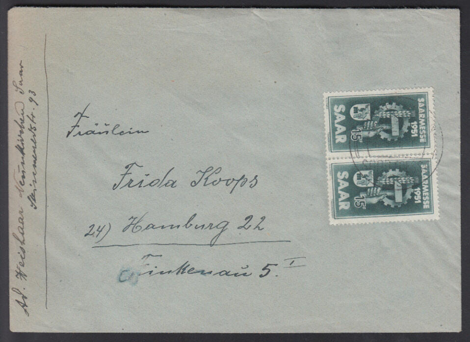 15 Fr. Saarmesse 1951, waager. Paar auf Bedarfsbrief mit SoSt. ...