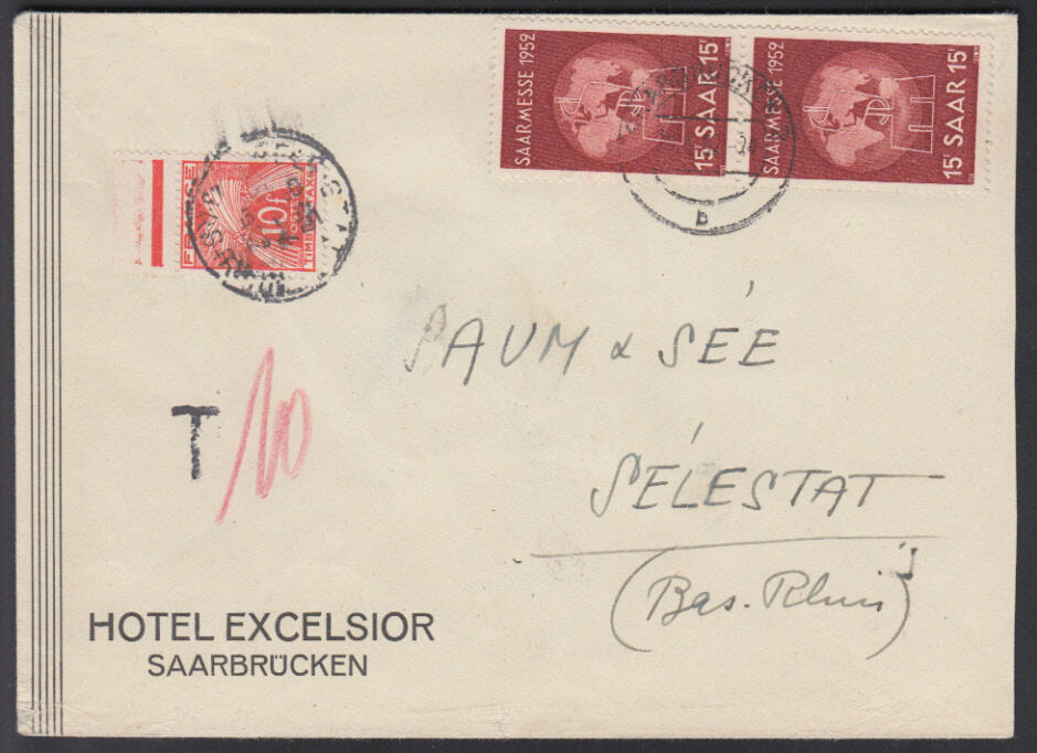 15 Fr. Saarmesse 1952, senkr. Paar auf Brief 51 - 100 g. ab ...