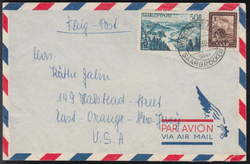 BISCHMISHEIM über SAARBRÜCKEN / 1.10.52, Luftpostbrief in die USA ...