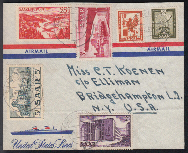 SAARBRÜCKEN 2 / 24.7.53, Luftpost-Vordruckumschlag der 'United ...