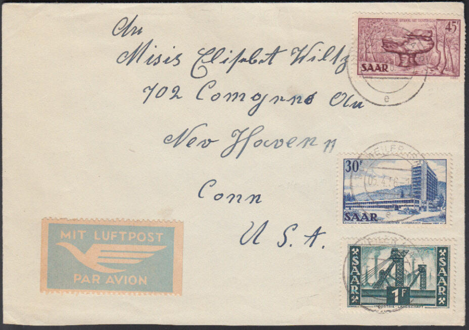 DUDWEILER (SAAR) / 5.4.56, Luftpostbrief in die USA (Zone 3, 6 - 10 g ...