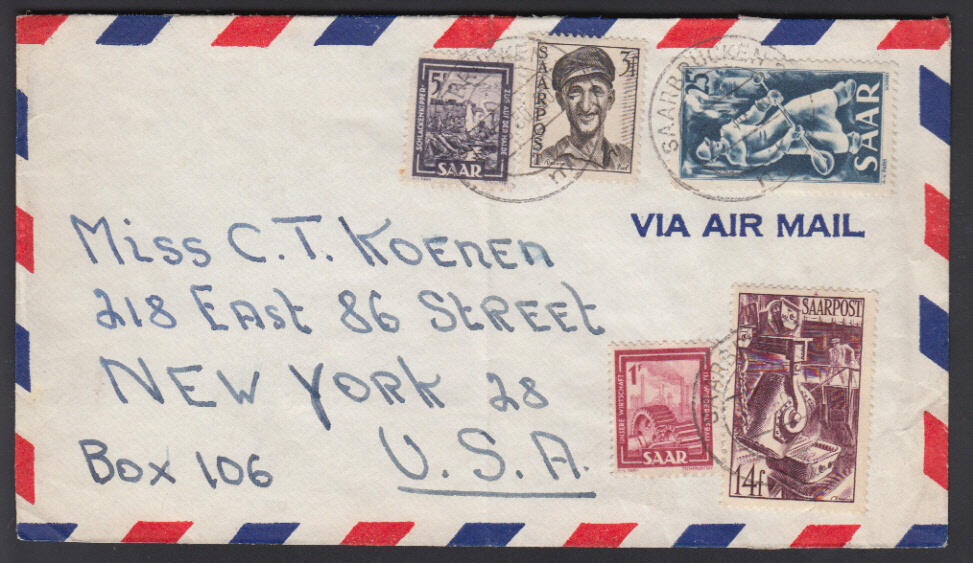 SAARBRÜCKEN 2 / 6.6.50, Luftpostbrief (senkr. Faltung) in die USA ...