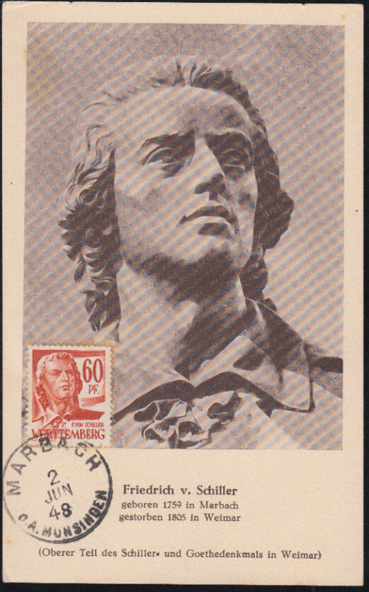 60 Pf. Schiller orange auf entsprechender Maximumkarte mit K1 MARBACH ...