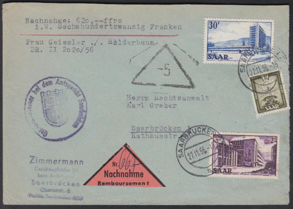 SAARBRÜCKEN 2 / 27.11.56, NN-Brief mit 8 Fr. Saar IV (Mgl.) sowie 2 ...