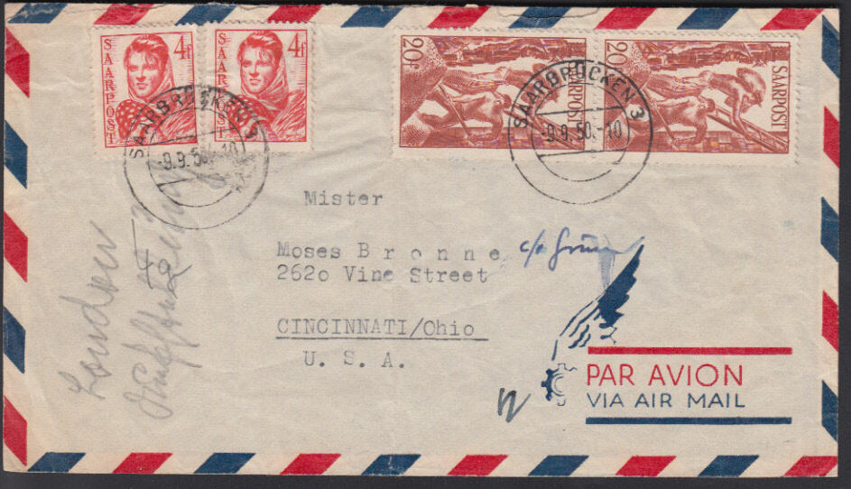 SAARBRÜCKEN 3 / 9.9.50, Luftpostbrief in die USA (Zone 3, - 5 g.) im ...