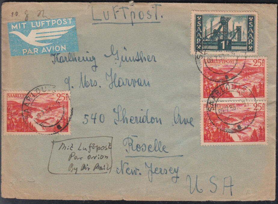 SAARLOUIS 1 / 9.7.53, Luftpostbrief in die USA (Zone 3, 10 g. = 76 Fr ...