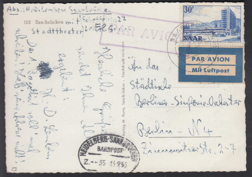 SAARBRÜCKEN 10 / 15.9.53, 30 Fr. Saar V auf AK per Luftpost nach ...