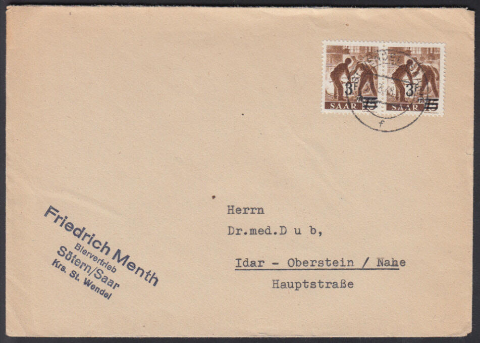 3 Fr. auf 15 Pf. Überdruck, waager. Paar auf portor. Brief ST. ...